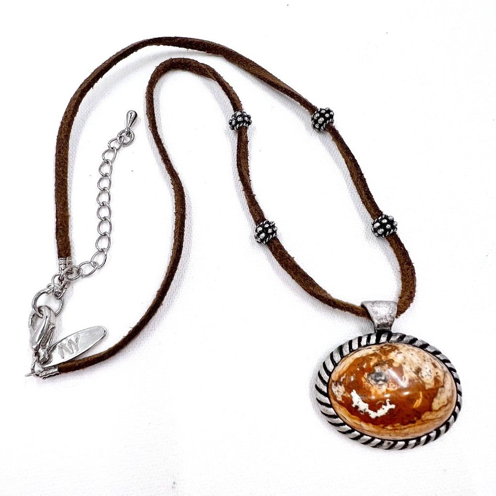 NY & CO - Antiqued Silver Tone Earth Stone Pendant Brown Leather 15” Necklace